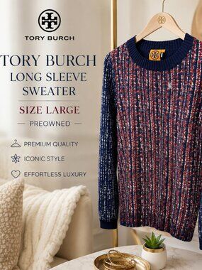 Tory Burch Tweed Look Knit Sweater Blue Red Crewneck Large $350-$400